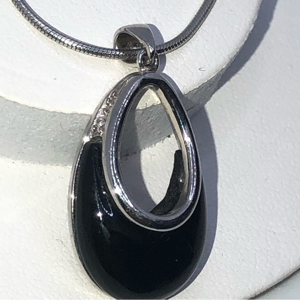 Vtg Sterling Onyx & Cz Accent Pendant w 925 Snake Chain 16” + 1.2” Pendant - Picture 3 of 9